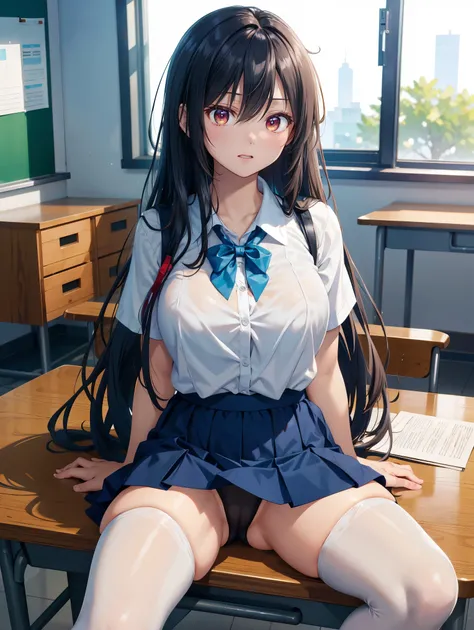  one woman、(( top quality)), ( high resolution), (( very detailed))、( Masterpiece)、An adult-like high school girl、She is wearing a transparent shirt, a bra, and cute panties、(I'm wearing knee-high stockings)、(I'm lying on my desk in the classroom and sprea...