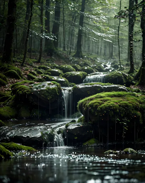Rain drops slowly , wets the sparkling foliage in the faint light . Thin mist drifts between the trees , creates a magical atmosphere that seems to whisper the secrets of nature. boulders , shrouded in soft moss , lines silently on the damp ground ....