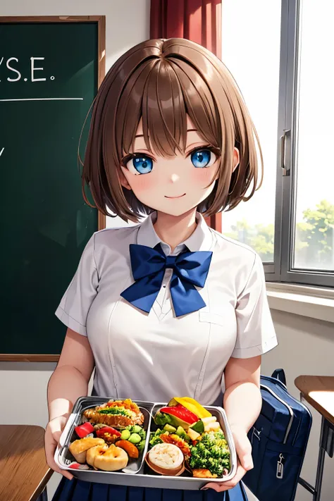 ((light chestnut brown hair)), (round hair), (very short hair), ((blue eyes)), smile, medium breasts, green school uniform, meal, Lunch box, classroom