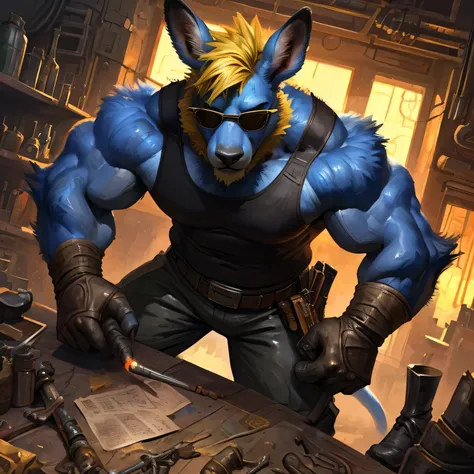 By Taran Fiddler, an alone anthropomorphic thug kangaroo manipulating and welding a machine on a table in a steampunk workshop (detailed, realistic, top view, aesthetic proportions, aesthetic physique, muscular, blue body, yellow hair, kangaroo tail, kanga...