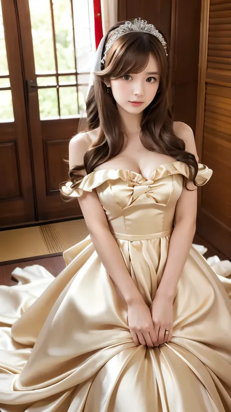 (((Top Quality))), (((Masterpiece))), (((Detail))), tall, looking at camera, face-to-face,golden shiny silk satin ruffle girly empire length wedding dress, hands thrust forward, Japanese, brown hair, long hair, gorgeous room,. Gorgeous ribbon hair accessor...