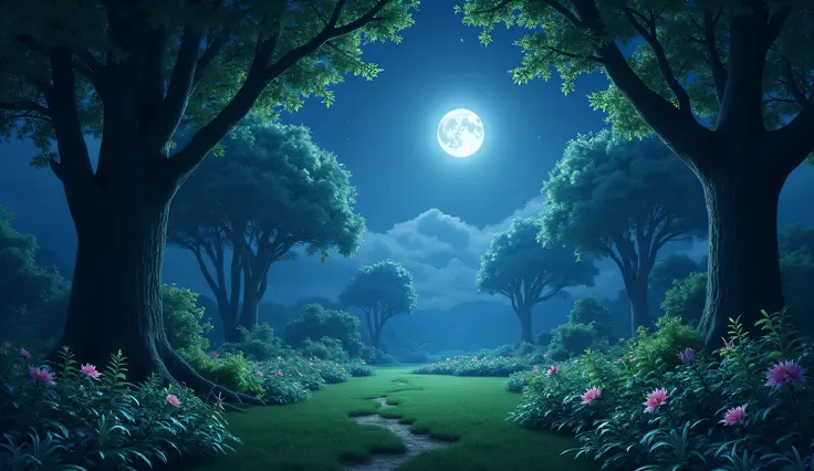 moonlit garden with trees