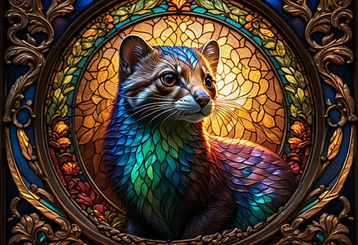 a stained glass weasel, intricate detailed illustration, vibrant colors, warm lighting, mystical atmosphere, fantasy, 8k, photorealistic, cinematic, high quality, masterpiece, volumetric lighting, dramatic shadows, glowing eyes, fluffy fur, elegant pose, b...