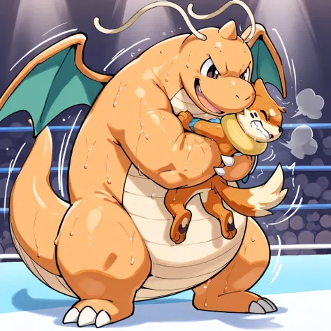 4k ultra quality, 4k full body view,masterpiece quality, large dragonite, small buizel, wrestling, bearhug, choke_hold,(dragonite is giant bulky fat, very large body, open eyes, evil grin, carrying person, hold up, arched back, sweaty, steamy breath, fatty...