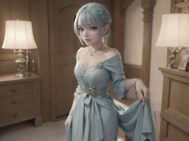 A hyper-realistic, ultra-detailed full-body 3D-rendered image of a **16-year-old Japanese girl named Kanon**, dressed in an elegant **light blue evening gown**. Her **silky, light blue twin tails** flow gracefully down her back, with **delicate silver hair...