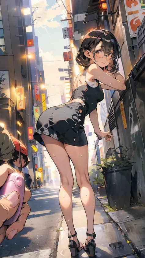 anime - style illustration of a woman in a nit one-piece, anime character, official character art, full body, female anime girl, (black hair:1.5), (tanned:1.3), armpit, (sweaty:1.2), glasses, cameltoe, by the shiny building, (leaning forward:1.5), looking ...