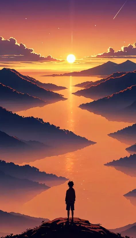 Beautiful and serene anime landscape, ((with clean sky bintage effect)), sunset ((no clouds)), dreamy, amazing. A ***** looking towards the empty horizon, an incredibly clear sky. The image shows a young man standing on a roas hill Male anime character con...