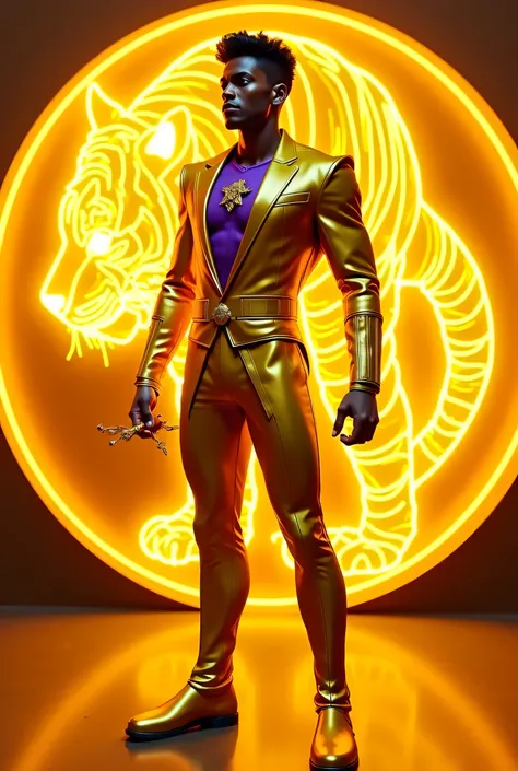 "A Fire Magic-powered 25-year-old Black-French Mixed male God in a Golden Yellow and Plum Purple suit with Light Gold metal details, with a Gold metal Saber-tooth symbol on the chest. Holding Nun-chucks made of Gold Metal. Holographic golden yellow energy ...