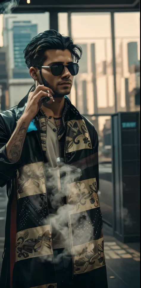 Change background cyberpunk handsome boy, realistic, face, 8k, ultra realistic, smoking 