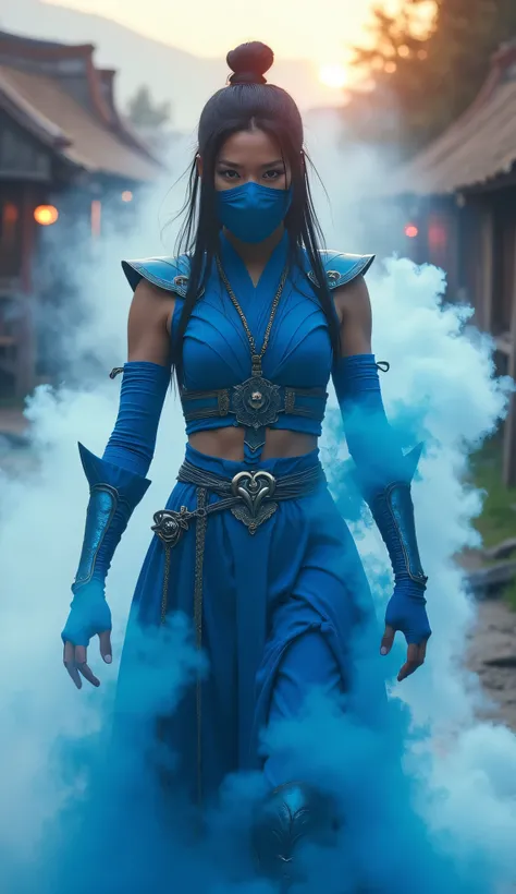 asian girls "A highly detailed, ultra-realistic 8K image of Kitana from Mortal Kombat undergoing a dramatic transformation. She walks forward, her eyes locked onto the camera with an intense gaze. A swirling mist of ethereal blue smoke envelops her, gradua...