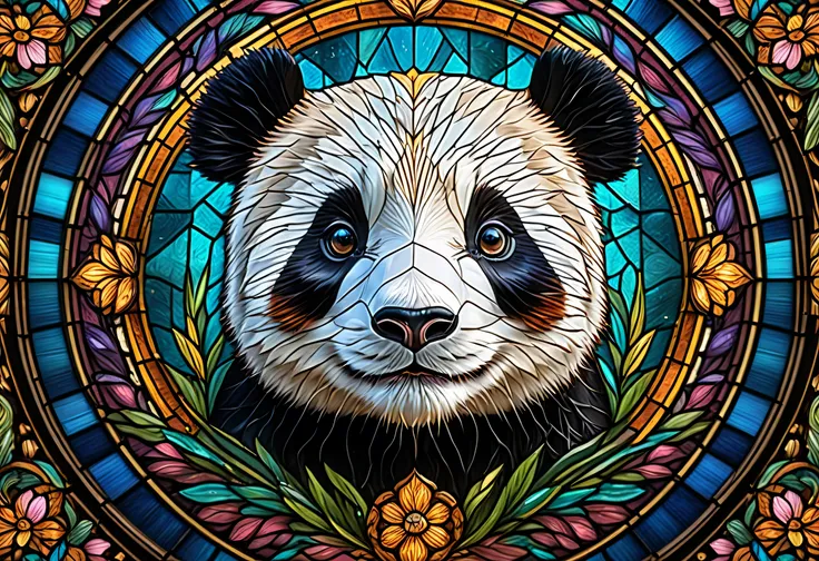 a cute panda in a stained glass style, beautiful detailed eyes, cute panda, stained glass, digital art, 8k, ultra-detailed, vibrant colors, intricate details, photorealistic, warm lighting, symmetry, geometric patterns, kaleidoscope, abstract, mesmerizing