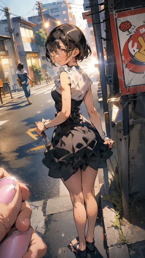 anime - style illustration of a woman in a nit one-piece, anime character, official character art, full body, female anime girl, (black hair:1.5), (tanned:1.3), (sweaty:1.2), glasses, cameltoe, by the shiny building, (standing:1.5), looking at viewer, (fro...