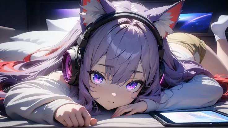 masterpiece,  1girl,animal ear fluff, animal ears, purple hair,neat hair , long hair, multicolored hair, shorts, wild hair, red hair, solo,purple eyes, cat ears, hair ornament, headphones, long sleeves, looking in tablet, lying, on stomach, pillow, purple ...