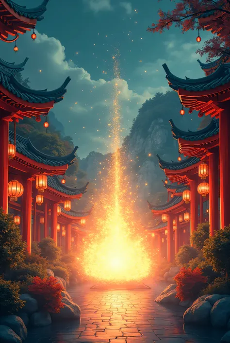 A dramatic chinese traditional without people in front view, emitting sparkling light and stars from inside against a Chinese New Year background, dramatic illustration, illustration style