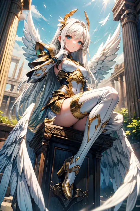  Masterpiece, top quality, very detailed,photo is present, is present,  Ultra High Resolution,  Masterpiece, fantasy, beautiful girl,Angel,White Wings, white hair, straight hair, long hair, emerald eyes, perfect eyes, small breasts, so cute, White Machine ...