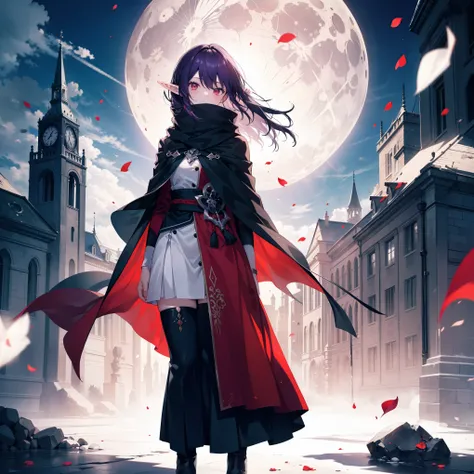 ((Strong shadow, red thunder effects, Floating petals)), Delicate hair, Delicate eyes, ((Masterpiece, Top quality)), High quality, Masterpiece, ((High quality, Female elf swordsman, Deep purple hair, Red eyes, Long hair, Elf ears, Long loose hair, Black ca...