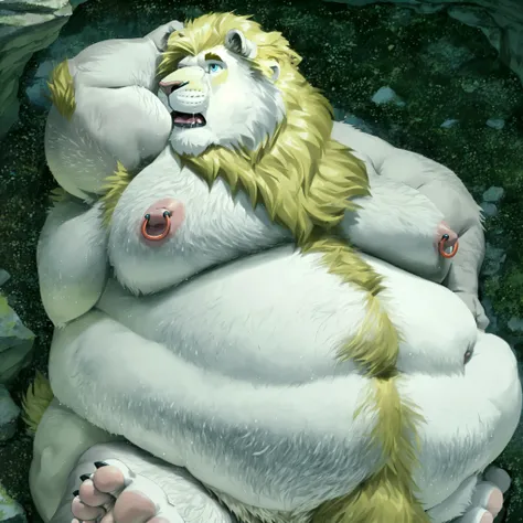 Male white lion 、 golden mane、golden chest hair 、 golden pubic hair 、Golden armpit hair、 golden belly hair 、 completely naked、 Extremely Obese Belly 、 very obese neck、very obese arms 、Extremely obese face 、 face with lots of fat、Hands touching belly、, angl...