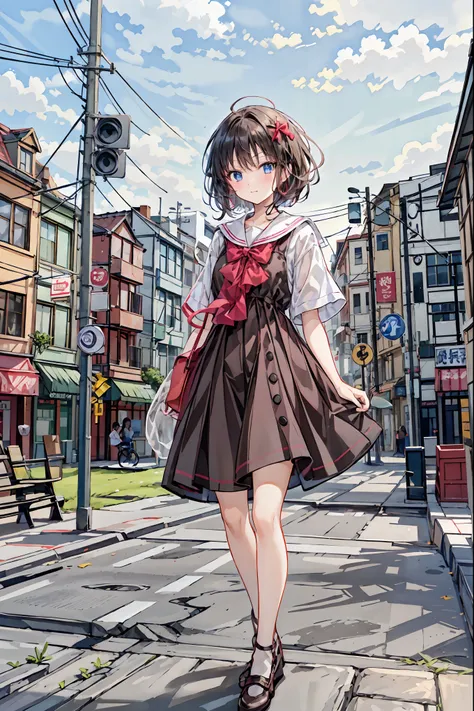  one girl,前hair,black_hair,green_null, bridge ,building,city,city,cityscape,cloud,day, dress, accurately _in_audience,Outdoors,red_neckwear,red_ribbon,ribbon,river,short_hair,short_ sleeve,null,nullscraper, alone in, standing,town,winner,( Masterpiece,Anim...