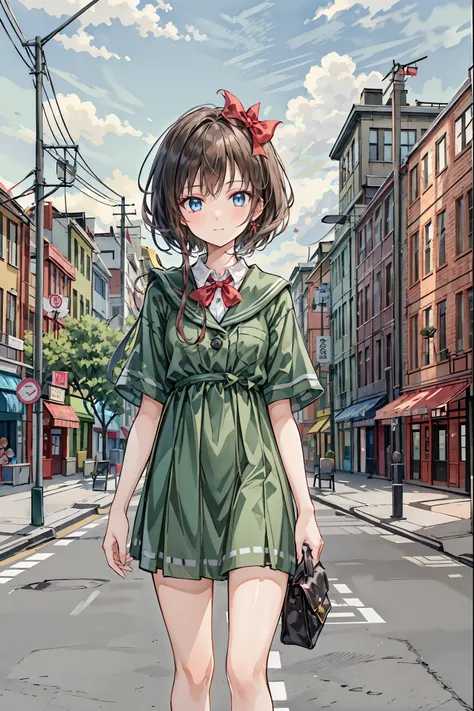  one girl,前hair,black_hair,green_null, bridge ,building,city,city,cityscape,cloud,day, dress, accurately _in_audience,Outdoors,red_neckwear,red_ribbon,ribbon,river,short_hair,short_ sleeve,null,nullscraper, alone in, standing,town,winner,( Masterpiece,Anim...