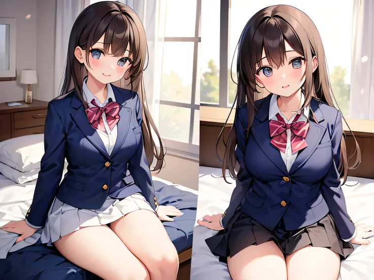 (Masterpiece, top quality, high resolution, realistic photos, realistic looking skin:1.1),
(High school girl sits on bed in her room and shows panties:1.8),
(Make sure she has a happy, smiling expression: 1.5),
(The high school girl is wearing a navy blue ...