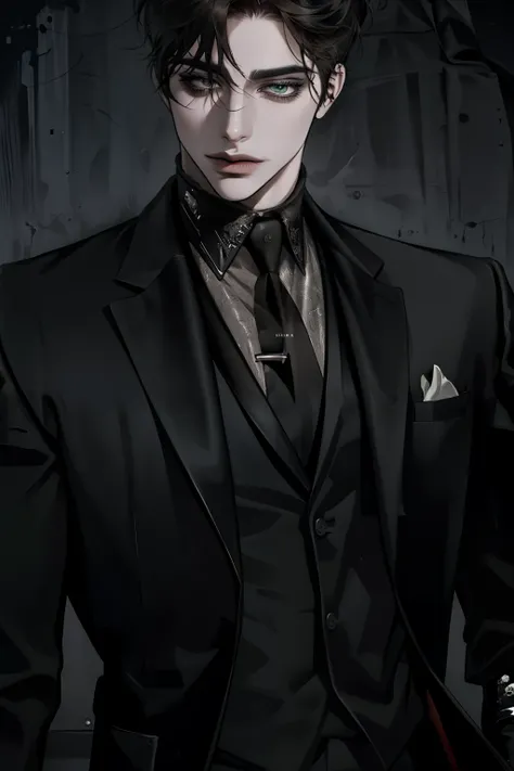 Man,  wolf cut hairstyle, dark brown hair,  sharp features wearing black suit,  white skin,  side view , ((black sleek suit)),  black gloves , green, eyes, whole body