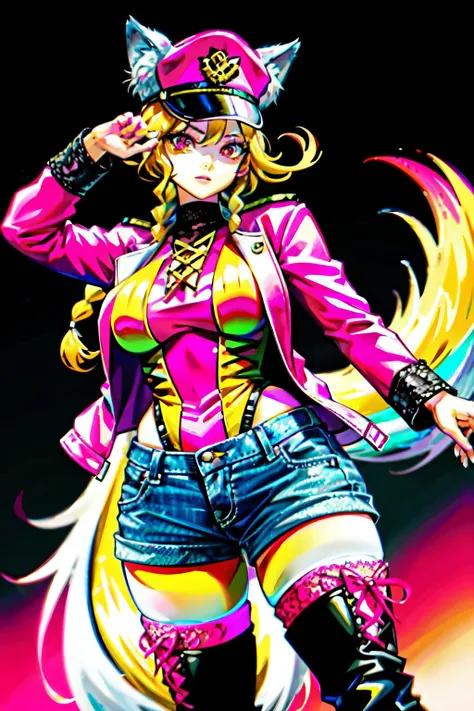 (best quality:2.0), (crisp:2.0), (highres:2.0), (((a rich yellow and pink gradient wolf tail:2.0))), anime, full body:2.0, (single image), (solo beautiful lady:2.0), (masterpiece:2.0), (detailed face:2.0), (detailed eyes:1.4), ((denim shorts:2.0)), ((thick...