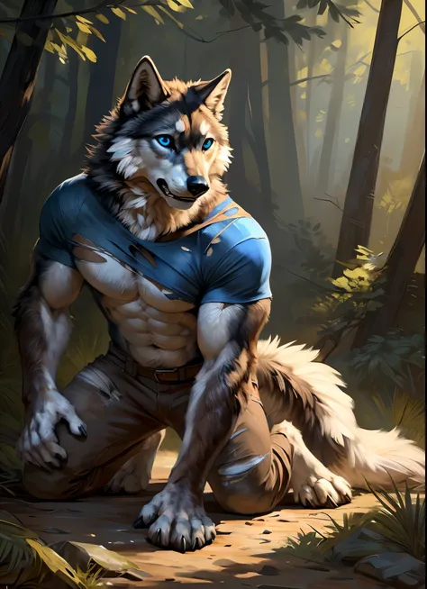 male fluffy wolf transformation, (Multi-colored fur, White-brown:1.3，White tail pointed), ((Wolf face, Big eyes, White eyelids, Blue pupil, Slim:1.2), illustration, solo, abs, pecs, concentrated expression, masculine body, masterpiece, best art, full body,...