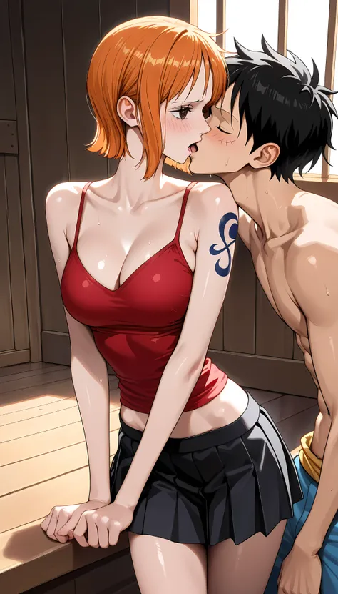 (masterpiece,best quality:1.2,amazing quality,very aesthetic,absurdres,newest,realistic), (Luffy,us,one piece),1man and 1woman,kissing,(very small head:1.2),(ideal ratio body proportions:1.2,slender body:1.2,skinny:1.2),medium breasts,tattoo on left should...