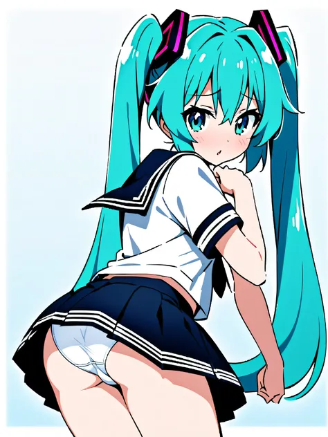 Hatsune Miku is wearing a navy blue sailor uniform with a short navy blue skirt, and is sticking out her buttocks to show off her pure white underwear.