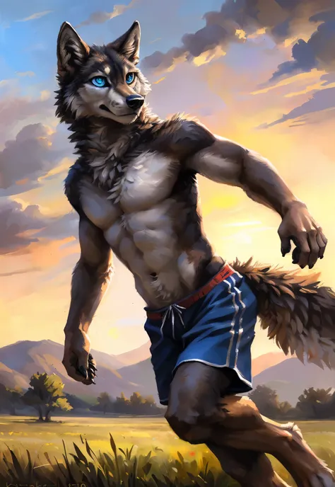 ((Solo)), male people, anthro wolf, (Multi-colored fur, White-brown:1.3，White tail pointed), (Height 2.1m,Tail length 1.2m), ((Wolf face, Big eyes, White eyelids, Blue pupil, Slim:1.2) (Tough, Calm expression:1.2)), Abs, Slim, pinging)), (Correct anatomy),...