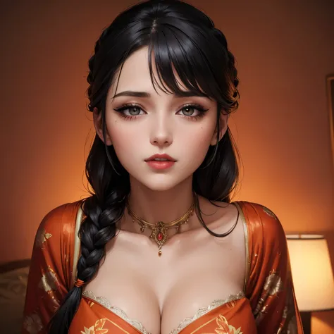 Amazing portrait of a woman who is 30 years old and an adult and a sexy woman in a bedroom with a beautiful detailed face emphasised by some amazing makeup wearing an orange maxi dress with floral patterns and a square neckline that emphasizes her medium c...