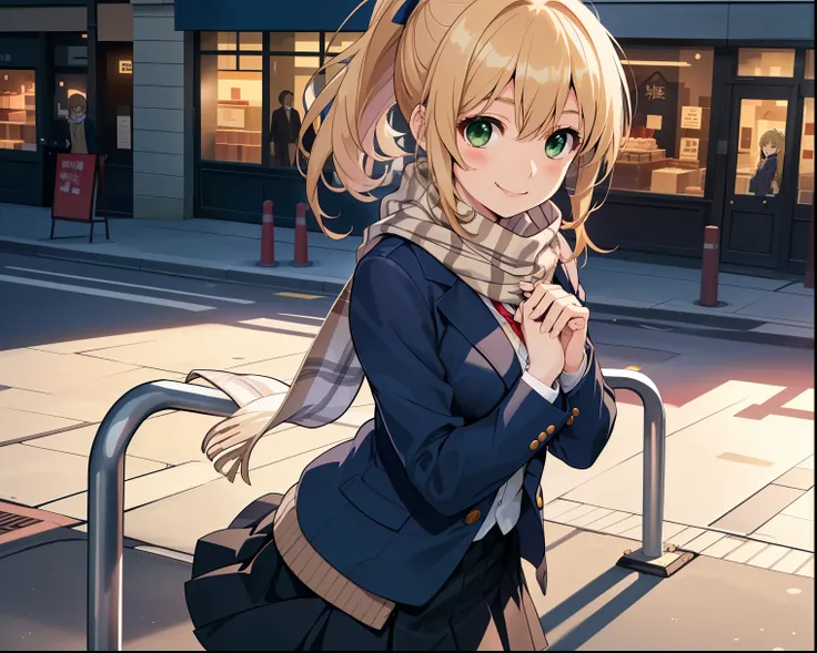   blond　  long hair　  Green Eyes　  ponytail　 cute girl　  in the seat　smile　 high school girl　 check skirt、 beige cardigan　 navy blue blazer　Big scarf　 high resolution,    accurate,   Top Quality,  解剖学的に accurate, Alone　 single　They're going to give me a hu...