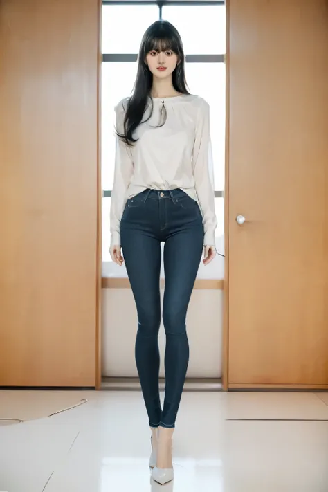 ((((   from head to foot {x} designed to show the shape of super skinny jeans、 crotch when standing inwardly crotched ))))、((((((  long legs))))))、((whole body))、((( Designed to show the shape of )))、(((  crotch  )))、(((  white blouse with a light opening)...