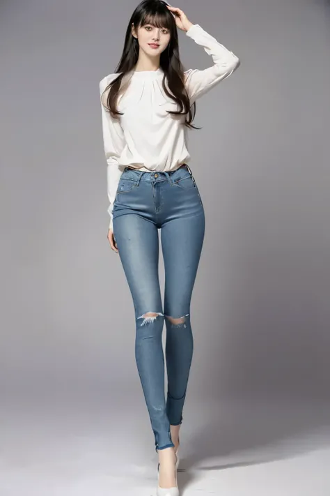 ((((   from head to foot {x} designed to show the shape of super skinny jeans、 crotch when standing inwardly crotched ))))、((((((  long legs))))))、((whole body))、((( Designed to show the shape of )))、(((  crotch  )))、(((  white blouse with a light opening)...