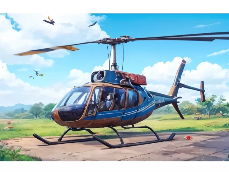 Please draw a wooden helicopter using this picture as a reference。The background is blue sky。