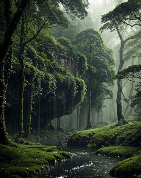 The air is filled with the scent of wet earth, mixed with the freshness of the freshly touched leaves of the rain . This small forest is like a world at a standstill , only the sound of water drops accompanies the silence . Mossy old stones leaning und...