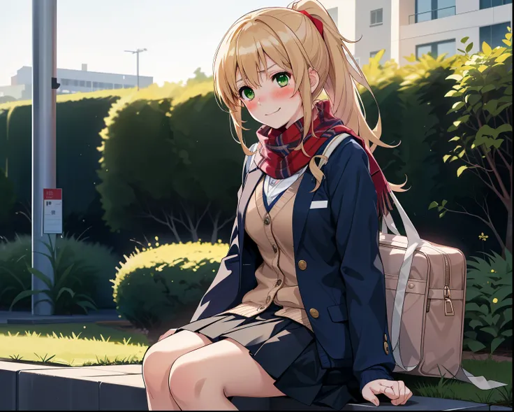   blond　  long hair　  Green Eyes　  ponytail　 cute girl　  in the seat　smile　 high school girl　 check skirt、I'm wearing a dark red cardigan over a beige blazer　Big scarf　 high resolution,    accurate,   Top Quality,  解剖学的に accurate, Alone　 single　navy blue s...