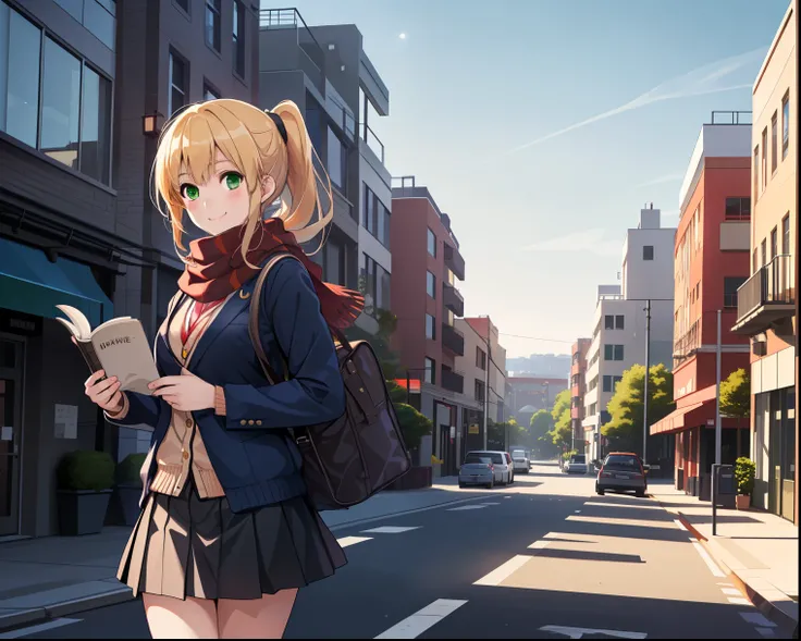   blond　  long hair　  Green Eyes　  ponytail　 cute girl　  in the seat　smile　 high school girl　 check skirt、 orange cardigan reading　dark red blazer 　Big scarf　 high resolution,    accurate,   Top Quality,  解剖学的に accurate, Alone　 single　Walking around town　n...