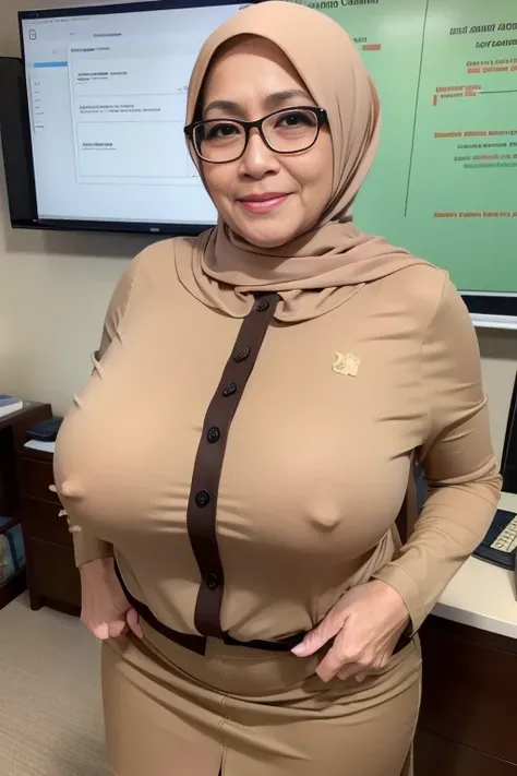 Mature, female, grandmother, 65 years old, asian, detailed natural wrinkles face, motherly, gilf, full body hijab, horny face, glasses, fair skin, dynamic standing pose, bbw, short body, hourglass body, perfect body, perfect hands, perfect fingers, biggest...