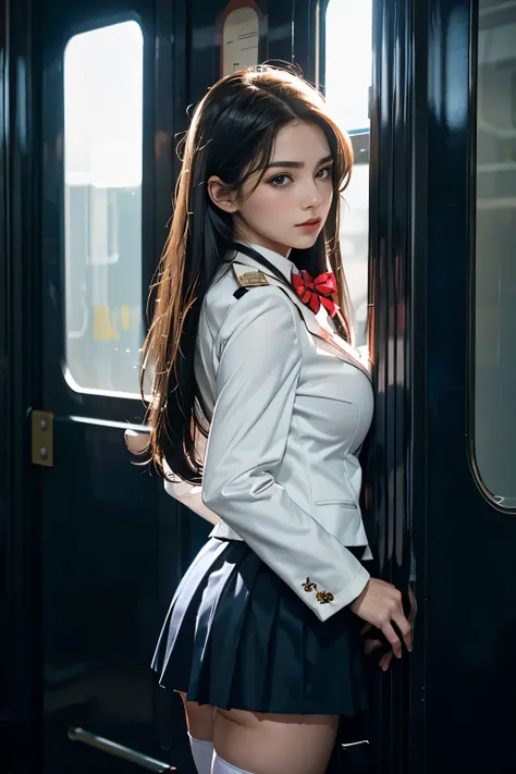 ( Female student standing near the train door)，((posterior view))((Looks Back))、Charming eyes，Heartwarming action，Turn your face away from the camera，stooped，Bend over，turn back，Look up at your head，thick and long black hair，Highly detailed body，Highly det...