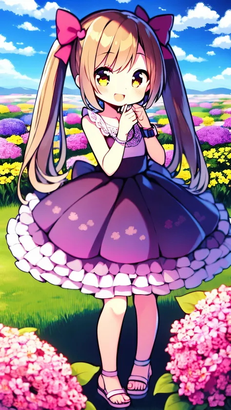  1 girl,  brown hair,  brown eyes, ,  s, frilled  dress, frills, pink  dress,  sleeveless,  sleeveless  dress,  shoulder out, ,  dress, print  dress, Floral,  hair bow,  pink ribbon,  twin tails, Sandals,  PINK FOOTWEAR,  mouth, smile, Alone,  watches view...