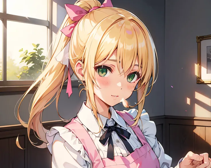  blonde　 long hair　 green eyes　 ponytail　 cute girl　 1 girl　Brown clothes　 frilly apron 　 white apron　 Patissier　 pink ribbon　 high resolution,   headpiece, リボンヘアアクセサリー, accurate,  top quality,  anatomically correct, solo　Single　Throw a kiss at the screen　...