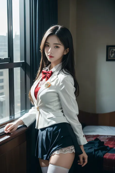 ((Female student standing in front of the bed ))，Charming eyes，Heartwarming action，Turn your face away from the camera，stooped，Bend over，turn back，Look up at your head，thick and long black hair，Highly detailed body，Highly detailed face，best qualtiy、(P boob...