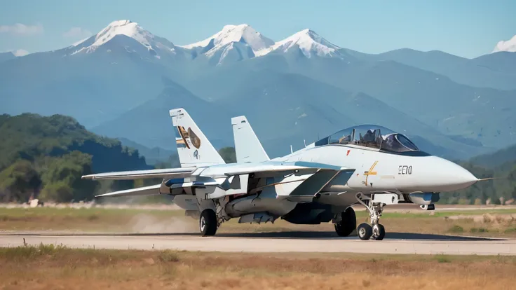 ((​masterpiece、top-quality、realisitic、ultra-detailliert、hight resolution、Photorealsitic、foco nítido、lighting like a movie))、F-14 Tomcat fighter、usa air force fighter、United States Air Force、Meadow covered with green grass in the background、flying above the...