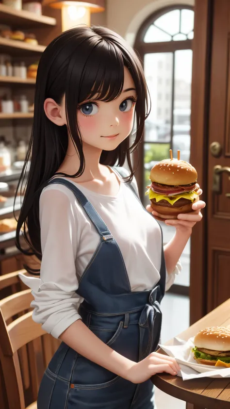  cute girl,  table full of burgers,  french fries,  hamburger in the left hand , Big drink in right hand ,  light clothing,  high resolution,  delicate depiction,  detailed depiction of up to the front door,  masterpiece