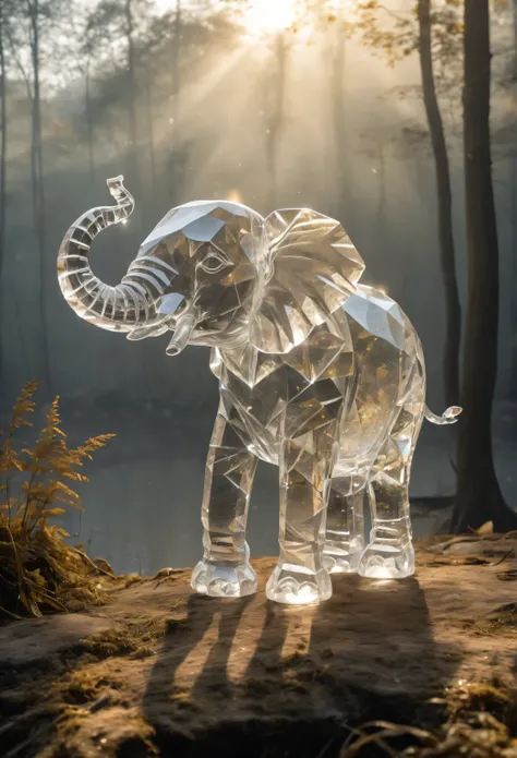 The elephant doll, made of super giant crystals, is transparent like crystal and you can see the other side. It looks like it's about to move like a living elephant. Located in the fog, the waterside and forest scenery are bathed in soft golden light, crea...