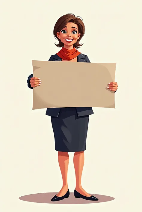 cartoon of an evangelical woman, dressed in a blazer and knee-length skirt,  short hair, scarf around the neck, holding a sign with both hands and smiling