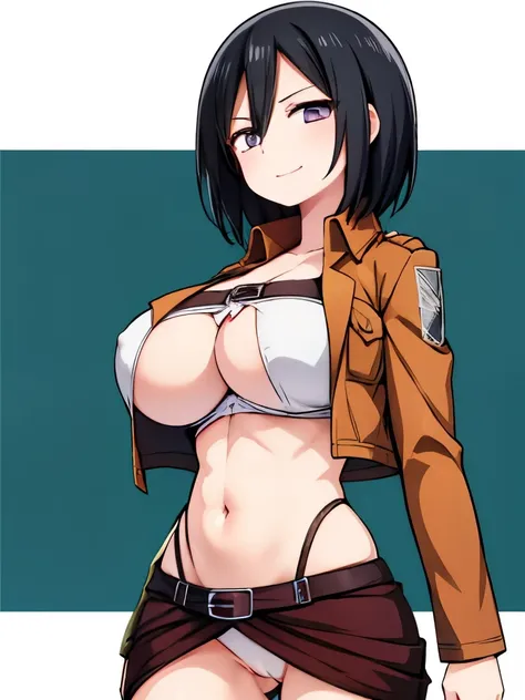  Mikasa Ackerman , Her breasts are large, Butts are big butts , No jacket,  no underwear, No pants, No bra, No shirt,  clothes are transparent, front, A gentle smile