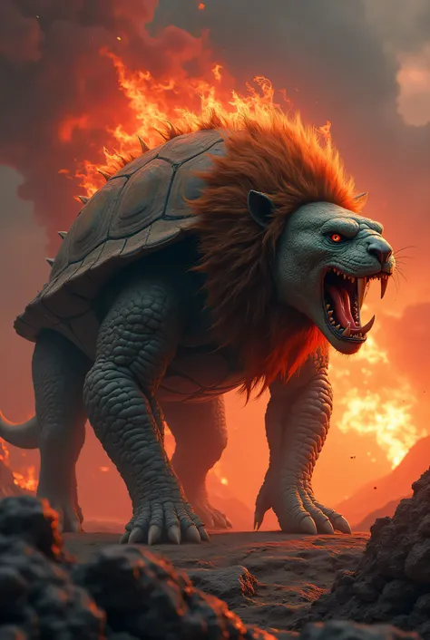 Design a terrifying hybrid creature that seamlessly merges the features of a turtle and a lion into one monstrous and dangerous entity. This creature should have the armored, spiked shell and reptilian skin texture of a turtle, combined with the powerful b...