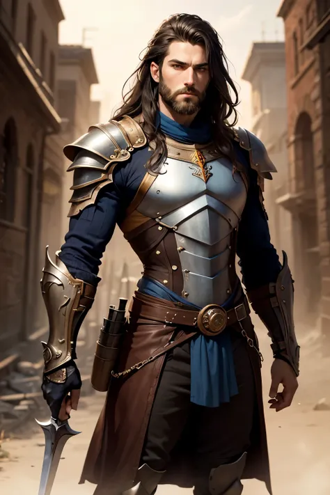 Dark haired with medium long hair nad beard, man with a good jawline. Tall and strong looking yet lean. Missing other half of one arm that has a steampunk prostethic. He's holding a spear with the steampunk hand. On the other hand he has a long and sharp s...